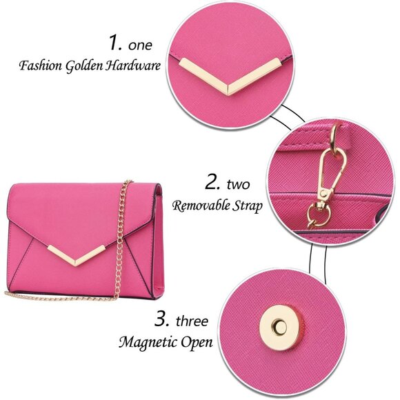 ⚡ Women's Pink Leather Elegant Snap Closure Envelope Foldover Clutch Bag - Picture 3 of 7